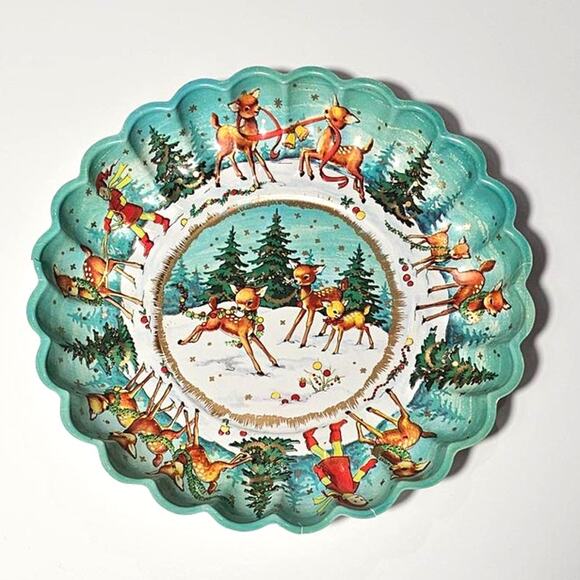 Vintage 1960s Deer and Pixie Elf Plastic Serving Tray Winter Scene Serving Tray - Picture 1 of 7
